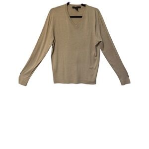 Kenneth Cole V-Neck Sweater Mens L Tan Long Sleeve Knit Logo Pullover Silk
